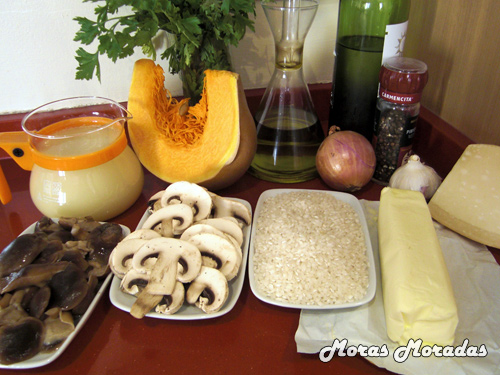ingredientes para preparar risotto de setas y calabaza