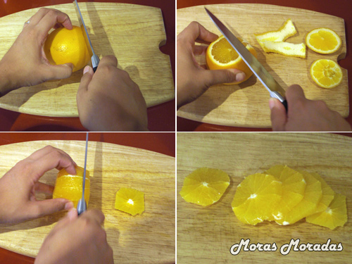 preparación de naranjas con nata, miel y nueces