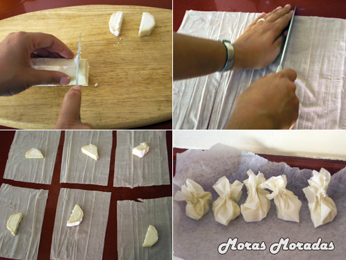 preparacion de los saquitos de pasta filo con queso de cabra