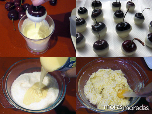 como hacer el relleno y la decoración de la tarta de coco y cerezas